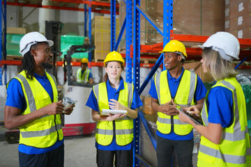 Warehouse workers checking the inventory. Products on inventory shelves storage. Worker Doing Inventory in Warehouse. Dispatcher in uniform making inventory in storehouse. supply chain concept