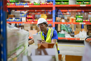 Fototapeta na wymiar Warehouse workers checking the inventory. Products on inventory shelves storage. Worker Doing Inventory in Warehouse. Dispatcher in uniform making inventory in storehouse. supply chain concept