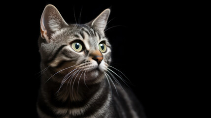 Advertising portrait, banner, classic striped color young cat looks back with green eyes, isolated on black background