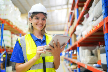 Warehouse workers checking the inventory. Products on inventory shelves storage. Worker Doing Inventory in Warehouse. Dispatcher in uniform making inventory in storehouse. supply chain concept