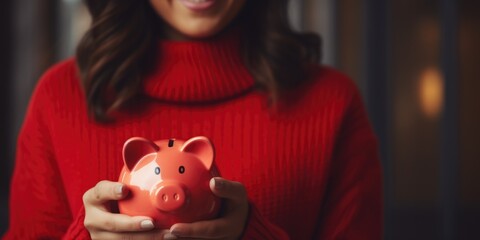 Woman hand holding piggy bank. Save money and financial investment, generative ai