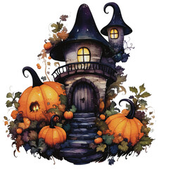Halloween haunted house Spooky Night watercolor style isolated on white background, Halloween dark house pumpkins watercolor png illustration