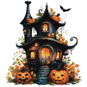 recommend clip art: Halloween haunted house Spooky Night watercolor style isolated on white background, Halloween dark house pumpkins watercolor png illustration