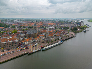 Aerial drone photo of the city Kampen and the river Ijssel in Overijssel