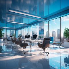 Clean and bright office in blue shades. Professional background. High quality illustration