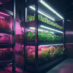 Vertical Farm with LED lights, Made With Generative AI