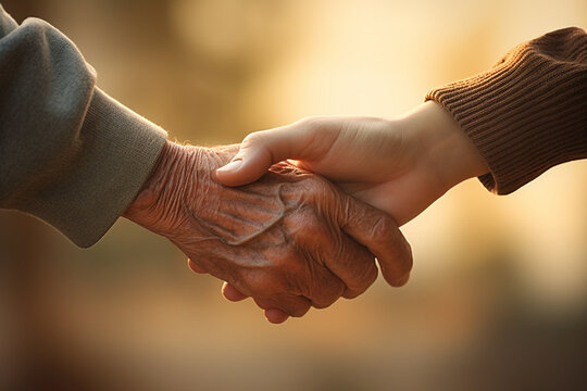 An Endearing Close-Up of an Old and Young Handshake. Symbolizing Mutual Respect and Camaraderie Across Ages. Helping Hand in Times of Need. Close up of People Shaking Hands.