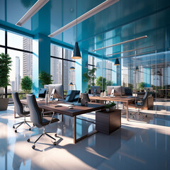 Fototapeta na wymiar Clean and bright office in blue shades. Professional background. High quality illustration