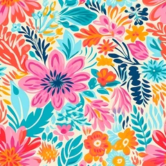 Fotobehang risograph print style colorful bright seamless floral pattern © World of AI
