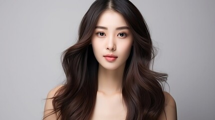 Close-up portrait of a young beautiful Asian girl looking at the camera with natural Korean makeup, perfect clean skin, chic long curly dark hair. Gray background with copy space. Beauty skin care