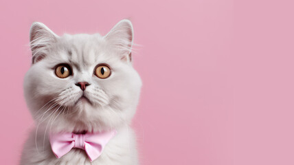 Fototapeta premium Advertising portrait, banner, young kitty white color with ribbon, yellow eyes, straight look, isolated on pink background