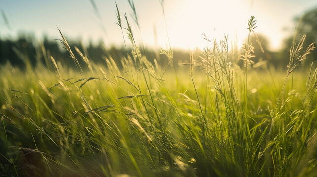 Green grass on a meadow in the rays of the setting sun
