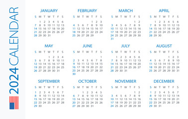 Calendar 2024 Horizontal - illustration. American version. Week starts on Sunday
