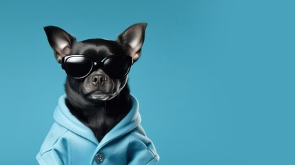 Advertising portrait, banner, cool looking black chihuahua dog, in a blue hoodie in glasses isolated on blue background