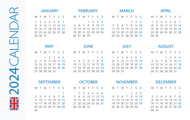 Calendar 2024 Horizontal - illustration. British version. Week starts on Monday