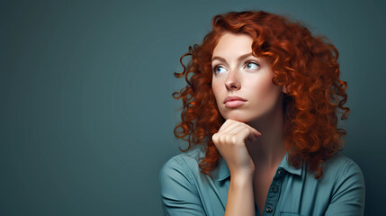 Headshot portrait of thoughtful pensive young ginger woman with curly hair holding hand under chin looking upward against turquoise studio wall background with copy space for text advertisement 