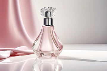 Roses, perfume essence. Elegance perfume bottles, feminine cosmetic pink. Essence of feminine style. A delicate and exquisite Fragrance for Every Occasion concept. Floral perfume for women.