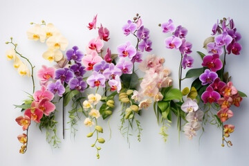 Naklejka na ściany i meble Composition of various orchid plants on a white wall
