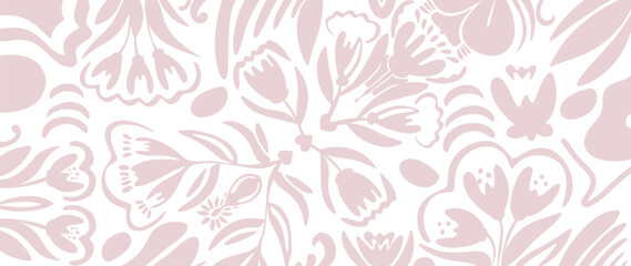 Pale pink background with handmade floral ornament. Ornament in folk style for decor, wallpapers, covers, backgrounds, cards and presentations