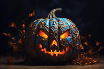 Halloween pumpkin  jack o lantern with a carved scary face on a black background - obrazy, fototapety, plakaty