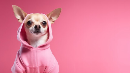 Advertising portrait, banner, cool looking chihuahua dog in glasses dressed in a pink barbie outfit, isolated on pink background