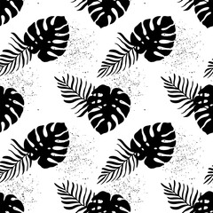 Black and white tropical pattern with fern and monstera leaves on a white background. Pattern for textiles, wrapping paper, covers, backgrounds, wallpapers © Лилия Агапова