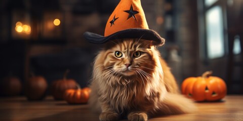 A cute cat dressed as a witch for Halloween in autumn background, Happy Halloween Day, generative ai