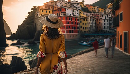 Female casual solo traveller roam alone womna summer casual dress summertime tour walking at famous destination landmark In Europe architecture and heritage city scape vacation travel,ai generate