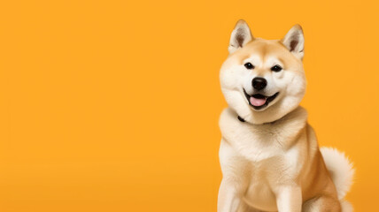 Fototapeta premium Advertising portrait, banner, smiling akita inu dog white and redhead color, funny look and tongue sticking out, isolated on orange background
