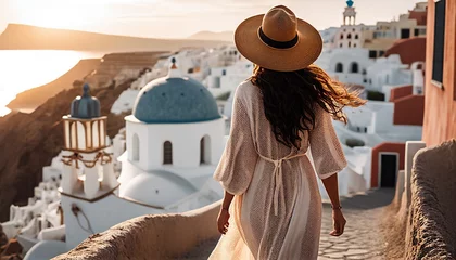Sierkussen Female casual solo traveller roam alone womna summer casual dress summertime tour walking at famous destination landmark In Europe architecture and heritage city scape vacation travel,ai generate © VERTEX SPACE