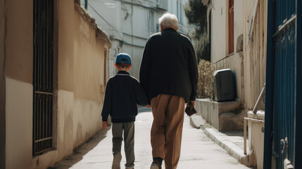 Grandpa as an old men walking beside a little boy on a street in a city.  Generative AI.