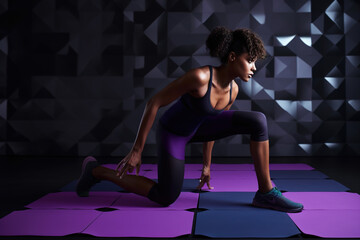 Fototapeta na wymiar African American woman in a gym exercising. Yoga and stretching. ia generative