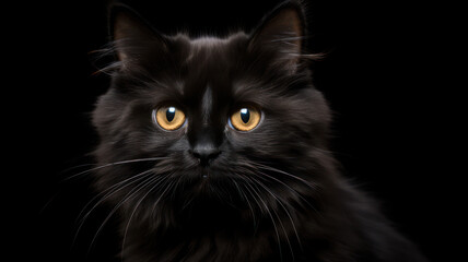 Fototapeta na wymiar Advertising portrait, banner, cute black color cat with yellow eyes looks straight, isolated on black background
