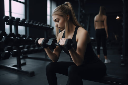 Blonde woman in a gym lifting weights. ia generate