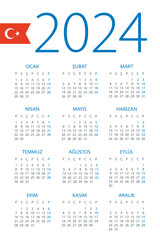 Calendar 2024 - illustration. Turkish version. Week starts on Sunday