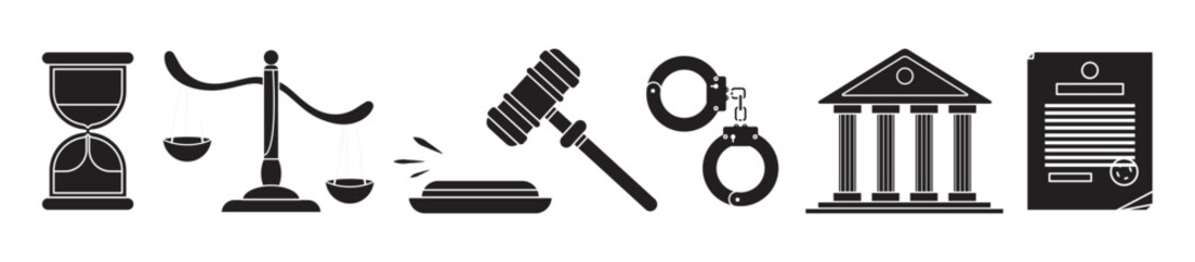 Set court and justice law icons. Services of a lawyer, attorney or notary. Law and protection of business interests in court. Books scales hummer of the judge. Vector isolated on white background