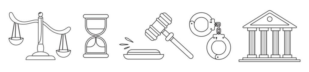 Set court and justice law icons. Services of a lawyer, attorney, notary. Law and protection of business interests in court. Books scales hummer of the judge. Outline vector isolated on background