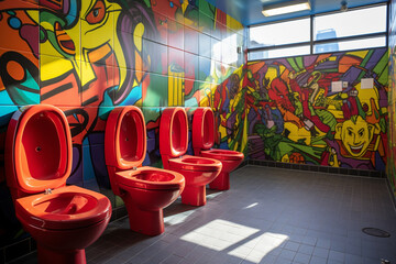 Futuristic toilet with toilet bowls and graffiti on the walls.