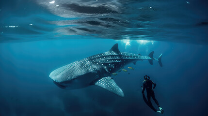 Single human diver swimming beside a big whale shark in the wide open ocean. Generative AI.
