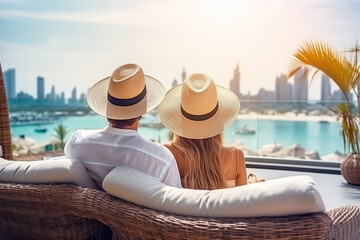 A man and a woman sit on the terrace of a penthouse and admire the view of Dubai.