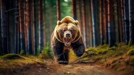 angry running animal grizzly bear in the forest, made with Generative AI - obrazy, fototapety, plakaty