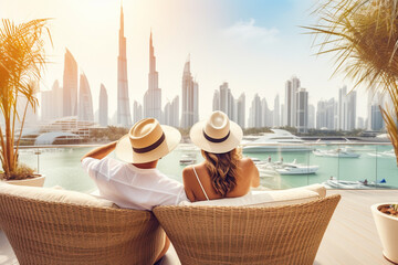 A man and a woman sit on the terrace of a penthouse and admire the view of Dubai. - obrazy, fototapety, plakaty