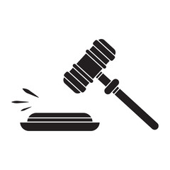Judge Wood Hammer's auction, court silhouette. Ceremonial gavel of the chairman with a figured handle, for passing sentences and bills, justice, with a wooden stand. Isolated on a white background