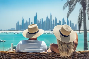 Rolgordijnen A man and a woman sit on the terrace of a penthouse and admire the view of Dubai. © serperm73