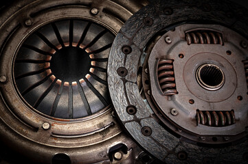 car clutch close-up view. used car part close-up clutch disc, guarantee repair element for replacement and maintenance service
