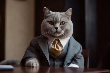 Big Boss Cat in a Suit Sitting in the Office Table: AI Generated