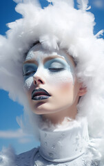 Clouds makeup art on fashion model againt a blue sky