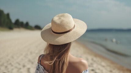 Young woman wearing a big summer hat standing at the beach in front of the ocean. Generative AI.