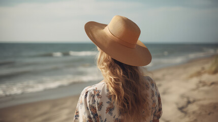 Backview on a young woman wearing a big summer hat standing at the beach in front of the ocean. Generative AI.