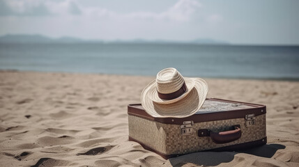 Small summer hat on top of a suitcase at the beach - ready for holidays. Generative AI.